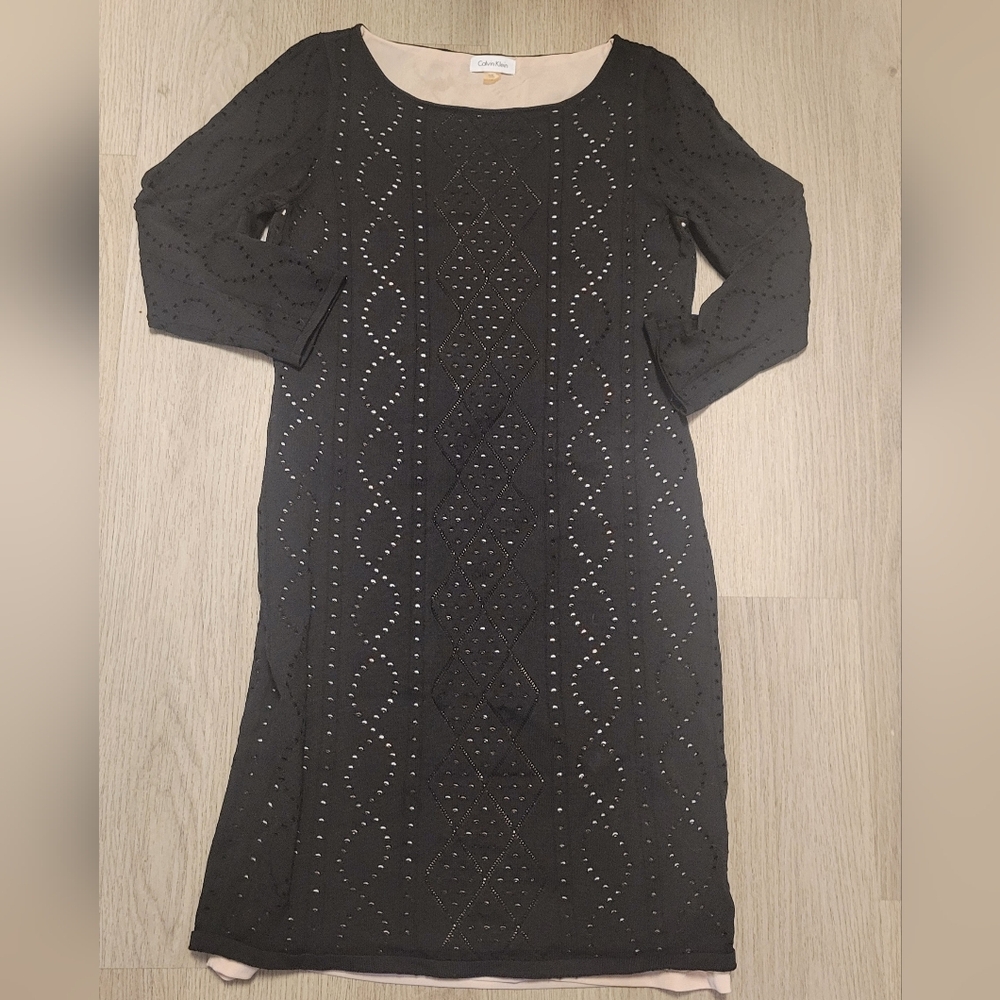 Calvin Klein Women's Chic Black Eyelet Long Sleeve Dress Size L